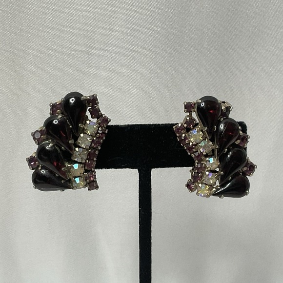 Vintage Purple & Clear Rhinestone Earrings Climber Clip On Silver Tone Statement - Picture 6 of 9